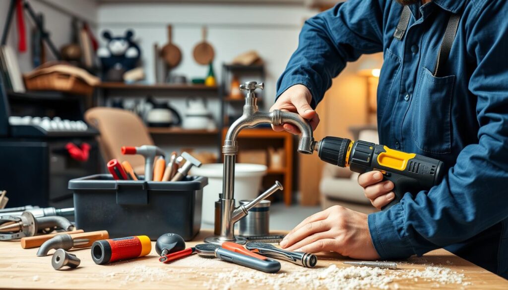 A well-lit workshop filled with a variety of handyman tools and equipment, including a toolbox, hammer, screwdrivers, pliers, and a cordless drill. In the foreground, a skilled handyman in a blue work uniform is repairing a leaky faucet, their hands expertly manipulating the tools. The middle ground features a selection of common household items that may require repair, such as a broken chair, a damaged appliance, and a clogged drain. In the background, a cozy, warm-toned living room scene sets the stage, hinting at the homeowner's need for the handyman's services. The overall mood conveys a sense of professionalism, efficiency, and the handyman's ability to tackle a wide range of wintertime household repairs and maintenance tasks.