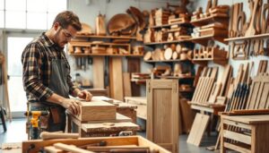 A well-lit workshop filled with quality carpentry tools and materials. In the foreground, a skilled carpenter meticulously crafts a custom wooden cabinet, demonstrating exceptional attention to detail and craftsmanship. The middle ground showcases a variety of intricate woodworking projects, from delicate furniture pieces to sturdy structural elements. In the background, a wall-mounted display showcases a range of expertly finished products, highlighting the carpenter's versatility and mastery of their trade. The overall scene conveys a sense of professionalism, dedication, and a commitment to delivering high-quality workmanship.