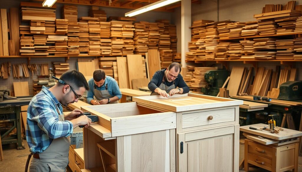 A well-lit workshop filled with skilled carpenters and joiners, meticulously crafting high-quality furniture in Southampton. In the foreground, a team of experienced craftsmen intently focus on assembling a beautifully detailed wooden cabinet, their hands deftly wielding a variety of precision tools. The middle ground showcases an array of woodworking machinery, from band saws to jointers, all neatly organized and maintained. In the background, shelves brimming with an assortment of hardwood planks and exotic veneers, ready to be transformed into custom pieces. The scene conveys a sense of professionalism, attention to detail, and a passion for the art of carpentry.