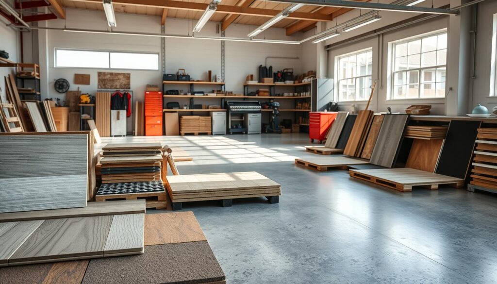 A well-lit workshop interior, showcasing an array of high-quality flooring options. In the foreground, various sample tiles, planks, and panels are neatly displayed, including durable and slip-resistant materials like rubber, vinyl, and specialized concrete. The middle ground features a spacious, clean workspace with natural lighting filtering in, allowing for a clear evaluation of the flooring textures and colors. In the background, shelves and tool racks provide a sense of organization and functionality, suggesting a professional, well-equipped workshop environment. The overall atmosphere conveys a sense of thoughtful consideration for the practical and aesthetic requirements of a workshop setting.