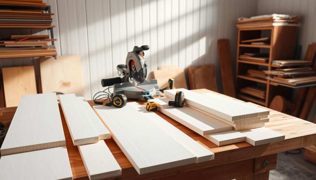 A well-lit workshop interior, with a carpenter's workbench in the foreground. On the bench, a selection of power tools, measuring tapes, and wooden beadboard panels in various lengths. The panels have a smooth, clean texture, their crisp white profile standing out against the warm, aged wood of the workbench. In the middle ground, a miter saw stands ready, its blade poised to make precise cuts on the panels. The background features neatly organized shelves stocked with additional building materials, casting soft shadows across the scene. The overall atmosphere is one of focused, meticulous preparation, setting the stage for the careful installation of the beadboard wall paneling.