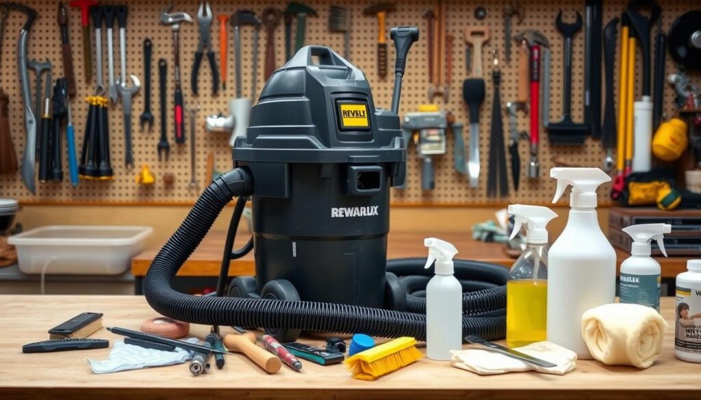 A well-lit workshop interior with a wet-dry shop vacuum cleaner on a workbench. The vacuum's hose and attachments are neatly arranged next to it, conveying a sense of organized maintenance. In the foreground, various cleaning tools and supplies, such as brushes, rags, and cleaning solutions, are displayed, suggesting the steps involved in proper upkeep. The background features a pegboard wall with hanging tools, creating a professional, DIY-friendly atmosphere. The overall scene exudes a sense of care and attention to detail, reflecting the importance of maintaining one's wet-dry shop vac for optimal performance and longevity.