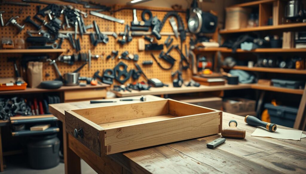 A well-lit workshop interior, with a wooden workbench in the foreground. On the workbench, a partially disassembled drawer lies open, revealing its damaged bottom. Carefully positioned tools, such as a hammer, chisel, and sandpaper, are arranged nearby, suggesting an ongoing repair process. The background features organized shelving units filled with various hardware and supplies, creating a sense of a functional, professional workspace. The lighting is soft and warm, casting gentle shadows that emphasize the textures of the wood and tools. The overall atmosphere conveys a feeling of focused, hands-on DIY work.