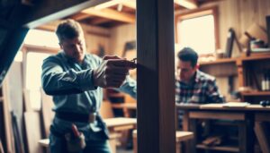 A well-lit workshop scene with a carpenter repairing a loose bannister rail. The foreground shows the carpenter's hands firmly grasping the railing, examining it closely. The middle ground features the bannister post, the carpenter's tool belt, and a variety of woodworking tools. The background depicts a cozy, rustic workshop interior with wooden beams, shelves, and a window allowing natural light to stream in. The atmosphere conveys a sense of focus, expertise, and attention to detail as the carpenter diligently works to secure the loose bannister.