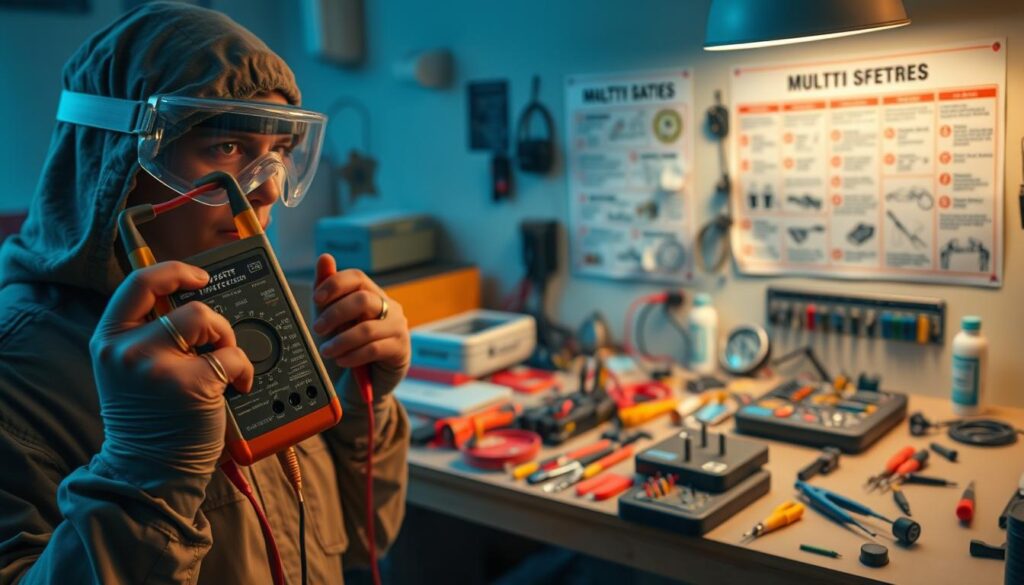 A well-lit workshop setting showcasing various safety precautions when using a multimeter. In the foreground, a person in protective gear properly holds a multimeter, their face obscured by safety goggles. In the middle ground, an array of multimeter accessories like test leads, alligator clips, and a probing station are neatly organized. The background features a workbench with various electronic components, tools, and a poster highlighting multimeter safety guidelines. Warm, indirect lighting creates a focused, educational atmosphere, emphasizing the importance of safe multimeter usage.