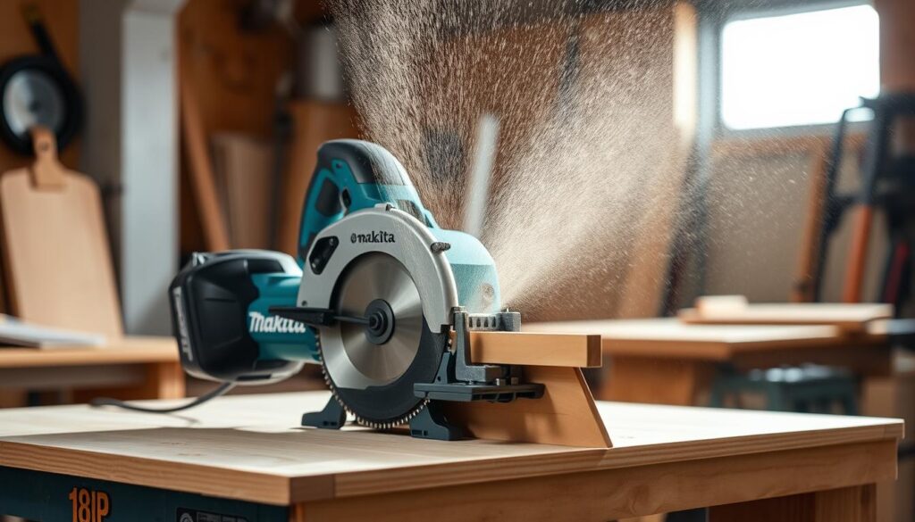 A well-lit workshop setting with a Makita 18V plunge saw on a sturdy workbench, positioned at a 45-degree bevel angle. The saw blade is slicing effortlessly through a piece of medium-density fiberboard, creating a clean, angled cut. Dust particles swirl in the air, illuminated by a shaft of soft, directional lighting. The foreground showcases the saw's precision and control, while the middle ground reveals the versatility of the tool, capable of handling a range of woodworking tasks. The background is a blur of workshop elements, conveying a sense of organized productivity.
