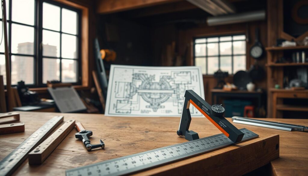 A well-lit workshop setting with a wooden workbench in the foreground, showcasing an array of precision measurement tools, including a combination square, ruler, protractor, and vernier caliper. In the middle ground, an intricate technical diagram or blueprint is displayed, highlighting the advanced applications of the combination square. The background features a window overlooking a cityscape, providing a sense of depth and context. The overall atmosphere conveys a professional, technical, and educational tone, suitable for illustrating the "Advanced Uses for Your Combination Square" section of the article.