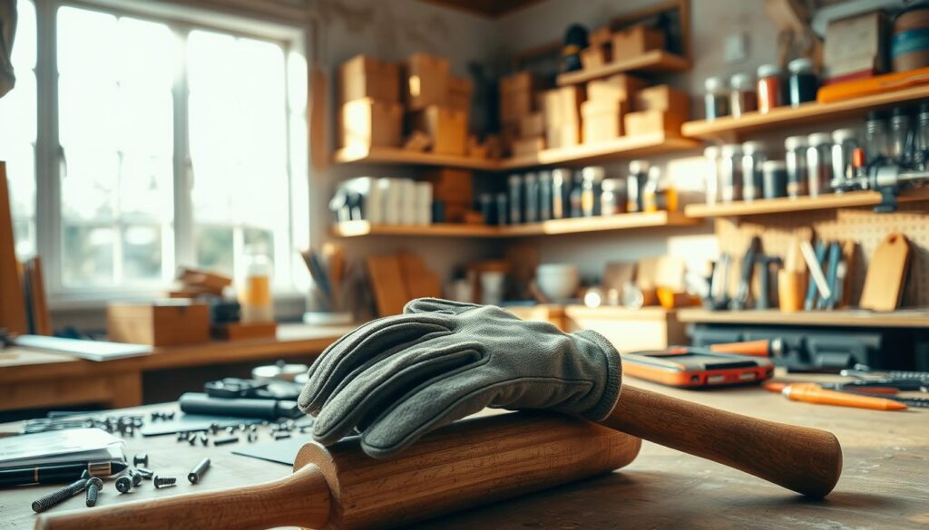 A well-lit workshop space, the workbench covered in an array of tools, screws, and materials. In the foreground, a pair of sturdy, worn work gloves resting atop a wooden mallet. In the middle ground, shelves lined with neatly organized boxes and jars, casting soft shadows across the scene. The background reveals a large window, letting in natural daylight that illuminates the space, creating a warm, inviting atmosphere. The overall mood is one of focused preparation, a workspace ready to bring a DIY project to life.