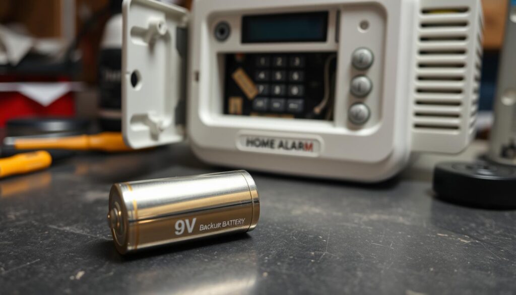 A well-lit workshop table, with a home alarm system control panel and an open battery compartment revealing a 9V backup battery. The foreground features the replacement battery, its terminals glinting in the light. The middle ground shows the intricate details of the alarm system housing, its buttons and indicators clearly visible. The background subtly blurs, emphasizing the focus on the battery replacement process. The overall scene conveys a sense of technical precision and attention to home security maintenance.