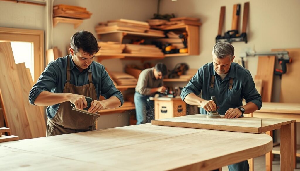 A well-lit workshop with professional carpenters skillfully crafting high-quality furniture. In the foreground, two carpenters precisely measuring and cutting wood with hand tools, their faces focused and determined. In the middle ground, another carpenter sanding a tabletop, the air filled with fine wood dust. In the background, shelves of neatly organized power tools and materials, conveying the organized and efficient workspace of experienced craftspeople. The scene is bathed in warm, natural lighting that casts gentle shadows, highlighting the texture of the wood and the artistry of the workers' hands. The overall atmosphere is one of quiet concentration, expertise, and pride in their craft.