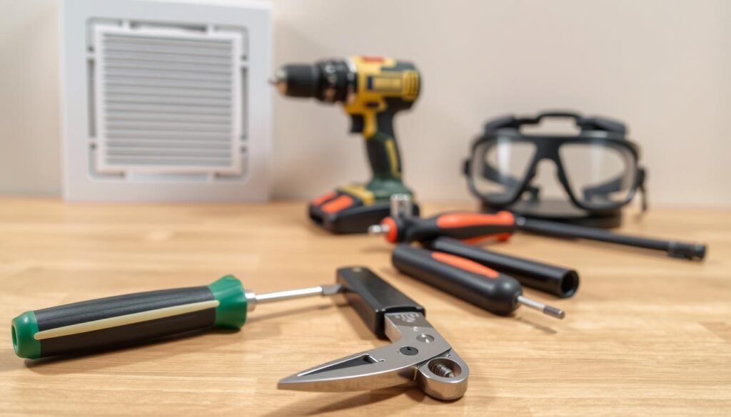 A well-lit workspace with a collection of essential tools for replacing a bathroom extractor grille. In the foreground, a high-quality screwdriver set, pliers, and a utility knife lie neatly arranged on a wooden surface. In the middle ground, a cordless drill and a pair of safety goggles suggest the hands-on nature of the task. The background features a clean, neutral-toned wall, emphasizing the focus on the task-specific tools. The lighting is soft and even, creating a professional, organized atmosphere conducive to a successful grille replacement project.