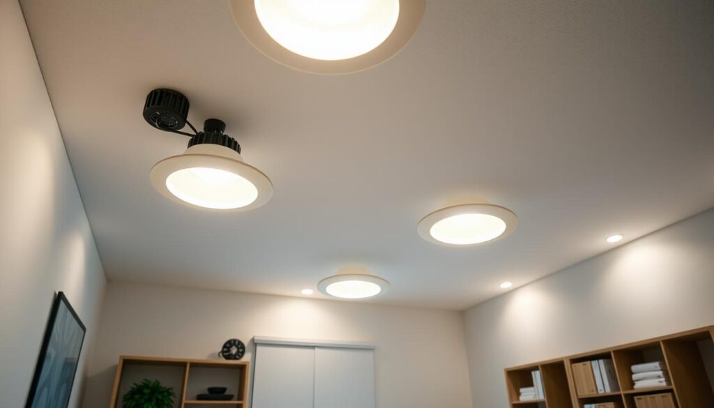 A well-lit workspace with a set of surface-mount LED downlights installed in the ceiling, casting a warm and even illumination over a clean, organized room. The downlights are flush-mounted, with a sleek, modern design that blends seamlessly into the ceiling. The installation process is captured from a high angle, showcasing the precise positioning and wiring of the lights. The overall scene conveys a sense of professionalism and attention to detail, exemplifying the step-by-step process of fitting these energy-efficient downlights in a home setting.
