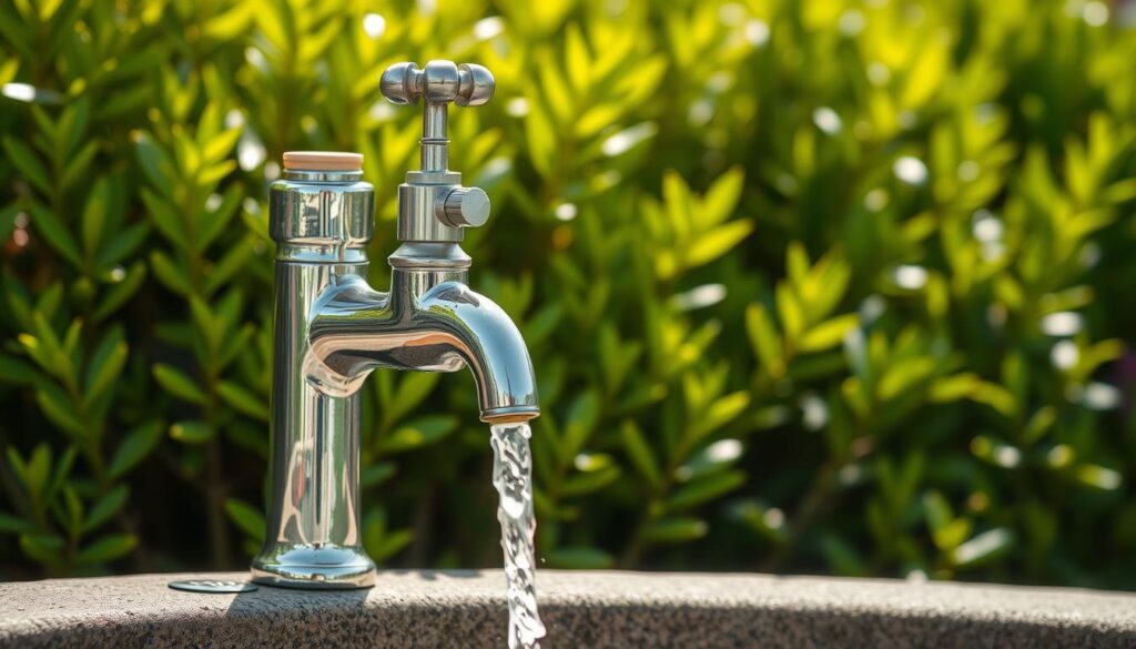 A well-maintained outdoor garden tap, gleaming in the warm sunlight, set against a lush backdrop of vibrant greenery. The tap's chrome surface reflects the surrounding foliage, creating a harmonious blend of natural and artificial elements. Its sturdy design and strategically placed location suggest convenience and functionality, perfectly suited for watering plants, filling containers, or washing outdoor tools. The scene evokes a sense of order and tranquility, with the tap serving as a practical yet aesthetically pleasing focal point in the serene garden landscape.