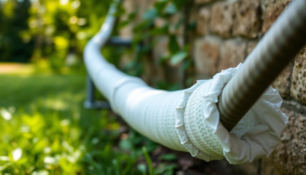 A well-maintained outdoor pipe with high-quality insulation material, viewed from a low angle. The insulation is in pristine condition, with no signs of damage or wear. The pipe is situated in a lush, verdant outdoor setting, with soft, diffused natural lighting filtering through the surrounding foliage. The scene conveys a sense of care, attention to detail, and the importance of protecting outdoor water pipes from the elements.