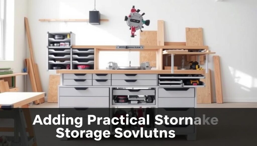 A well-organized and practical miter saw stand with ample storage solutions. The stand is situated in a bright, airy workshop, with natural light streaming in from the side. The foreground features numerous drawers and compartments for storing accessories, blades, and other essential tools. The middle ground showcases the sturdy, modular design of the stand, with a spacious work surface and easy-access storage areas. In the background, the stand is complemented by a clean, minimalist aesthetic, allowing the functional elements to take center stage. The image conveys a sense of efficiency and organization, perfectly suited for the "Adding Practical Storage Solutions" section of the article.