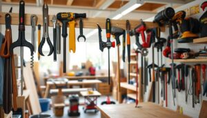 A well-organized, expertly-crafted DIY French cleat tool storage system occupies the foreground, displaying an array of neatly arranged hand tools and power tools suspended on sturdy wooden cleats. The middle ground reveals a workshop setting, with a workbench, shelves, and other tools and materials meticulously arranged. The background depicts a bright, airy space with natural lighting filtering in through large windows, creating a sense of order and productivity. The image conveys a mood of efficiency, organization, and the satisfaction of a DIY project well executed.