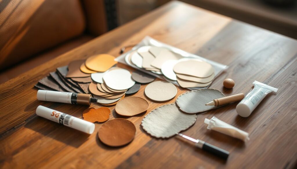 A well-organized leather repair kit sits on a wooden table, illuminated by warm, natural lighting. The kit includes an assortment of leather patches in various sizes and colors, a specialized glue, a small roller, and a fine-tipped applicator for precise repairs. The tools are arranged neatly, suggesting a methodical and thoughtful approach to the task at hand. The overall scene conveys a sense of confidence and preparedness for the upcoming DIY leather sofa repair.