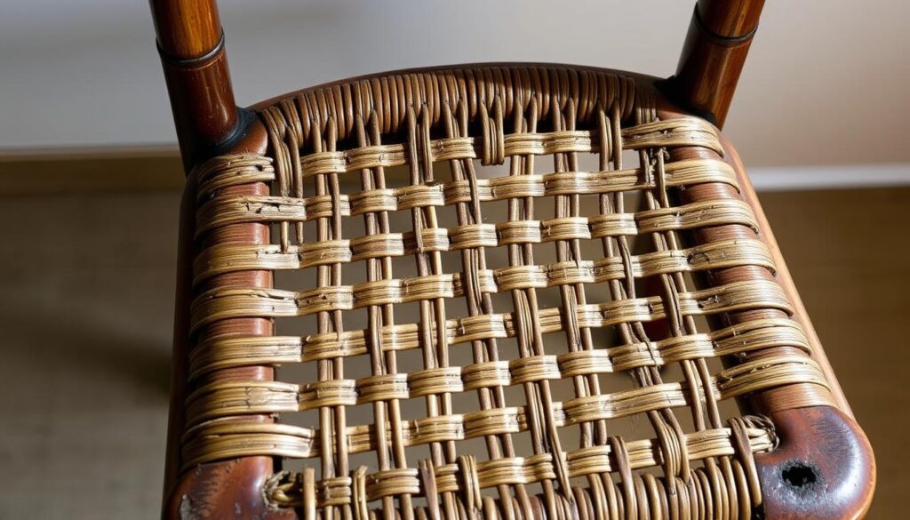 A well-worn dining chair, its woven cane seat in need of repair. A detailed close-up view, capturing the intricate texture and pattern of the woven rattan. Soft, natural lighting illuminates the chair, highlighting the worn and weathered appearance. The image conveys a sense of age and history, inviting the viewer to imagine the stories this chair could tell. The chair is positioned against a simple, neutral background, allowing the focus to remain on the artistry and craftsmanship of the cane weaving. A visually striking and informative image to accompany the "How to Re-cane Dining Chair Seat: The 7-Step Method" section.