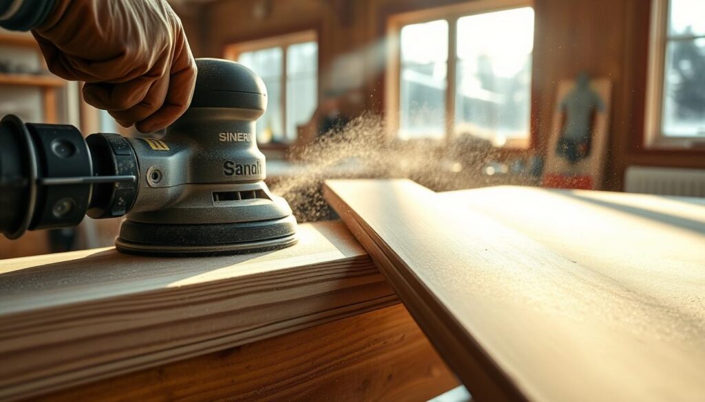 A wood sanding workshop with natural sunlight streaming through large windows, illuminating the process of sanding skirting boards. A close-up view of a power sander, its mechanism smoothing the textured surface of the wooden baseboards. The air is filled with a fine, wispy dust, gently floating in the soft, diffused light. The boards are placed on a sturdy workbench, their surfaces gradually becoming smoother and more uniform with each pass of the sander. The atmosphere is one of focused attention and meticulous care, crucial for the essential preparation of these surfaces before painting.