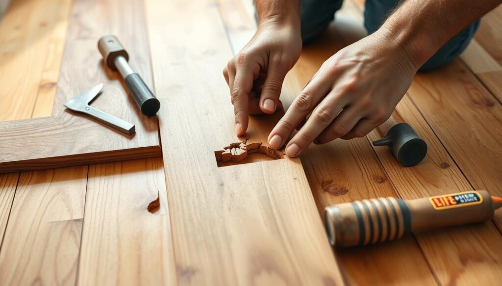 A woodworker's hands carefully examining a broken floorboard tongue, the damaged wood grain visible under bright natural lighting. In the background, a partially disassembled hardwood floor reveals the subfloor construction. The focus is on the delicate repair process, with tools like a chisel, hammer, and wood glue nearby, conveying a sense of skilled craftsmanship required to fix the issue. The scene evokes a DIY atmosphere of problem-solving and home improvement.