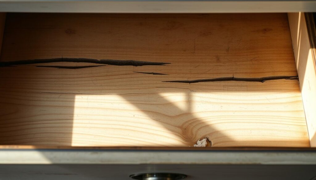 A worn and weathered wooden drawer bottom, its surface marred by cracks, splits, and warping. The light casts shadows that highlight the damage, revealing the effects of moisture, age, and heavy use. The drawer sits slightly ajar, exposing the frayed and compromised structure within. The overall scene conveys a sense of disrepair and the need for intervention, setting the stage for a DIY repair tutorial.