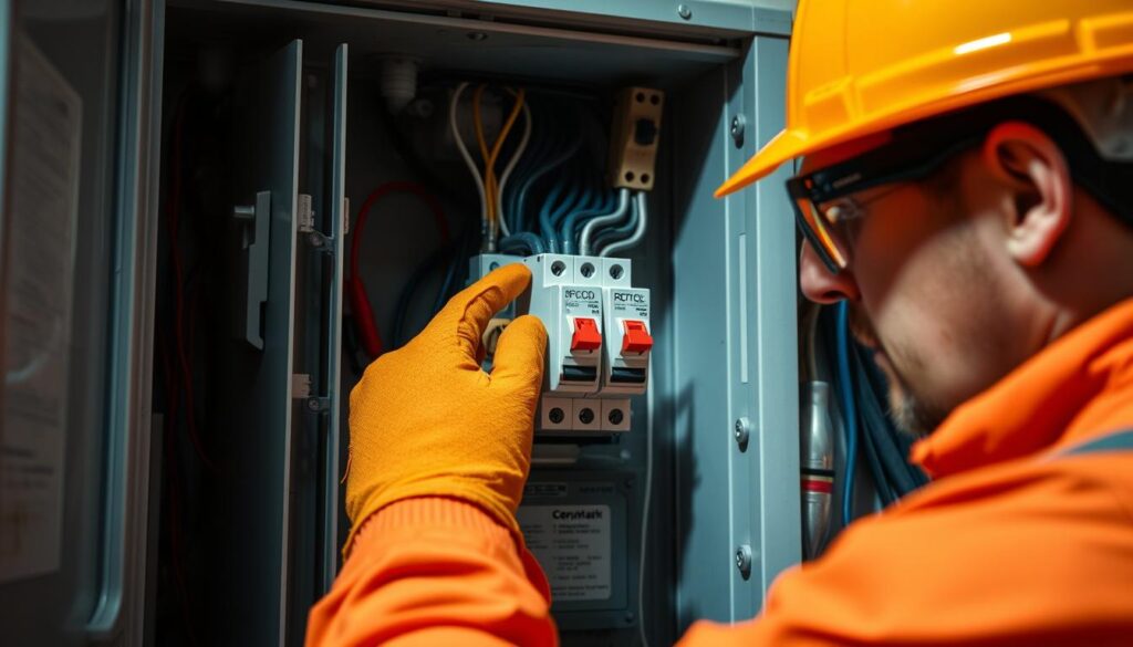 An electrician wearing a hard hat, safety goggles, and rubber gloves, carefully installing a residual current device (RCD) breaker into a consumer unit. The scene is well-lit with bright, even lighting, captured from a low angle to emphasize the importance of the task. The breaker is prominently featured in the center of the frame, surrounded by the electrician's hands and tools. The consumer unit's interior is visible in the background, conveying the context of the installation. The overall mood is one of focused diligence, highlighting the need for caution and attention to detail when working with electrical systems.