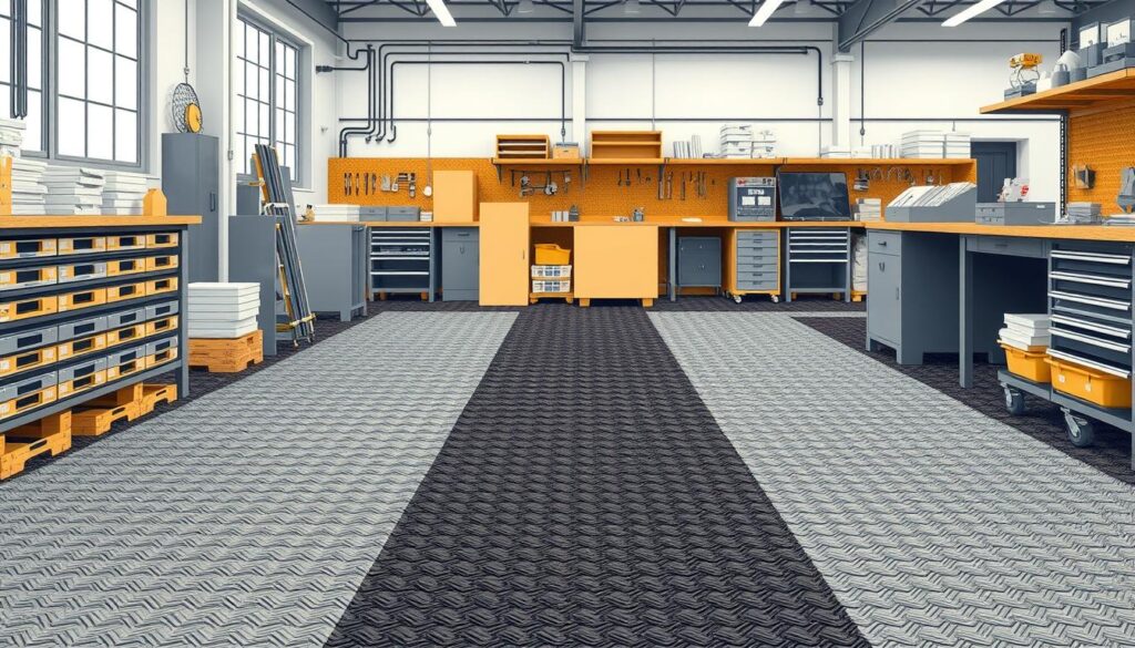 An image of PVC and vinyl interlocking tiles installed in a workshop