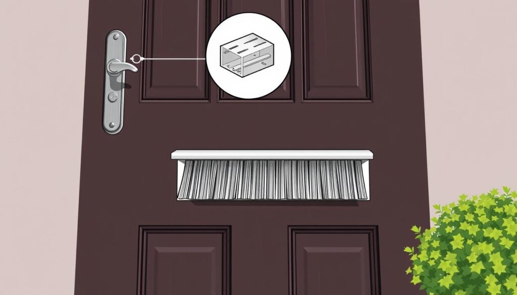An image of a brush strip letterbox draught excluder installed on a front door.