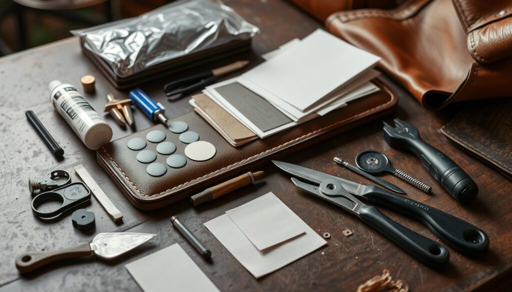 An image of a leather sofa repair kit with various tools and materials