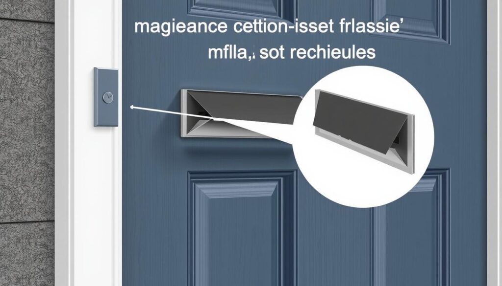 An image of a magnetic letterbox draught excluder installed on a door.