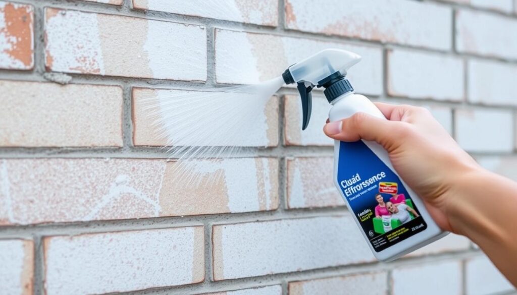 An image of a person using a commercial efflorescence remover on a brick wall