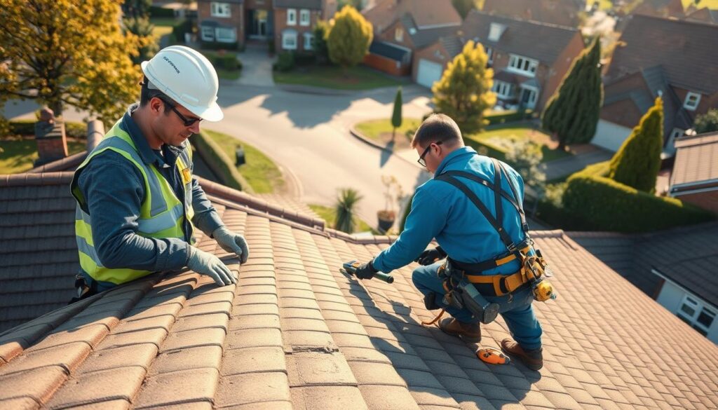 An image of a professional roofing contractor inspecting and repairing a residential roof in Derby, England. In the foreground, a skilled worker in a hard hat and safety gear examines the roofing tiles, while in the middle ground, a team of technicians use specialized tools to mend damaged sections. The background features a well-maintained suburban neighborhood with neatly trimmed trees and well-kept homes. The scene is bathed in warm, afternoon sunlight, creating a sense of diligence and reliable craftsmanship. The composition emphasizes the attention to detail and commitment to quality that defines the roof repair services offered in Derby.