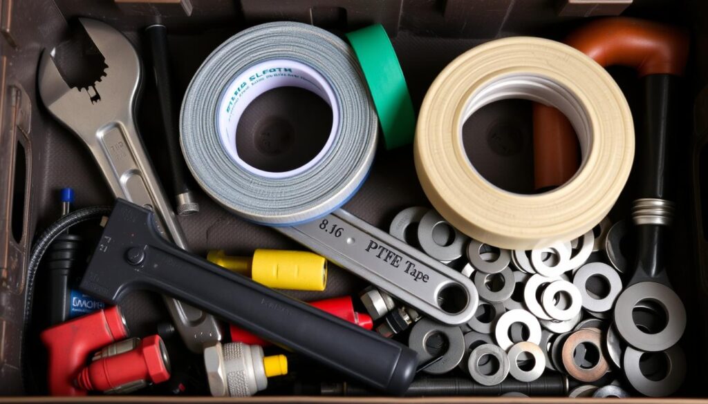 An image of a toolbox with various plumbing tools, including an adjustable spanner, PTFE tape, and assorted washers.