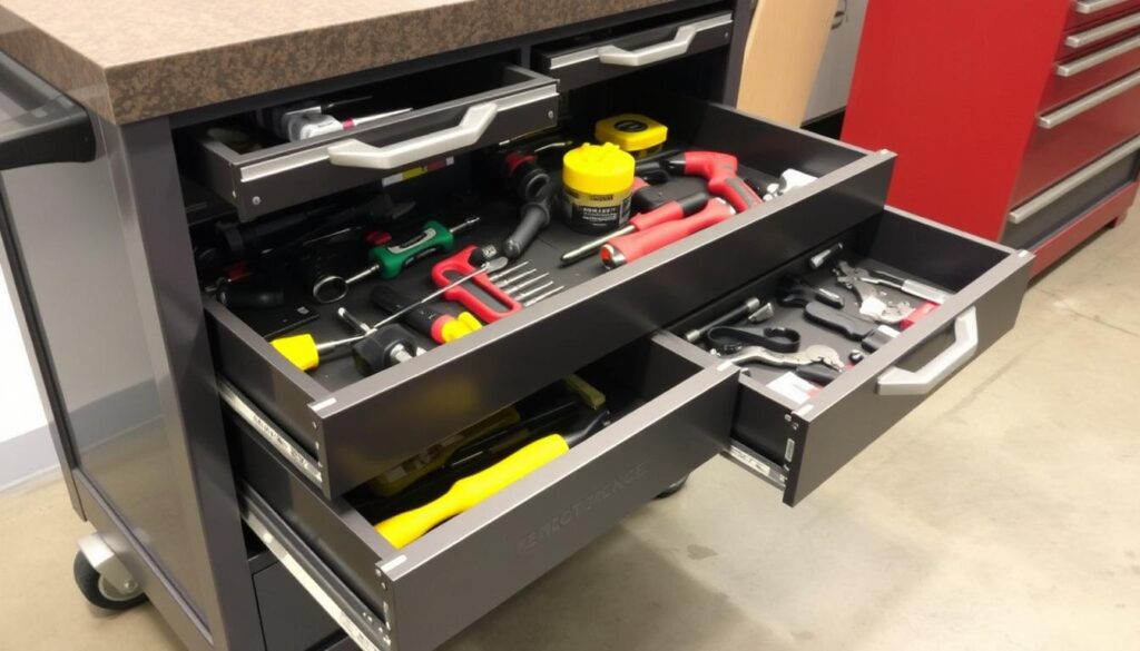 An image of a well-organised drawer system in a mobile tool cart