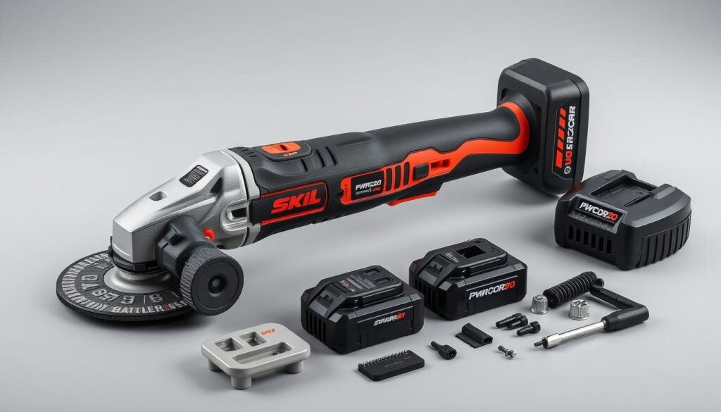 An image of the Skil PWRCore20 OS5937-10 oscillating multi-tool with its battery and charger, showcasing its slim handle design and included accessories.
