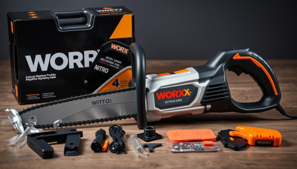 An image of the Worx Nitro Reciprocating Saw with its accessories and packaging.
