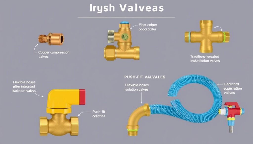 An image of various isolation valves, including traditional copper compression, push-fit, and flexible hoses with built-in isolation valves.
