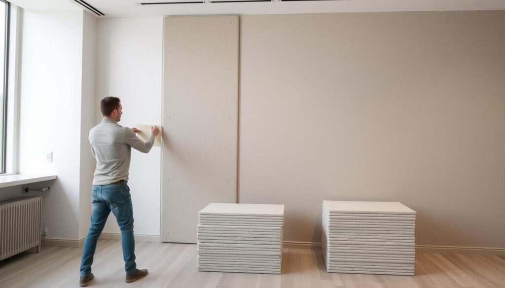 An interior space with a clean, minimalist aesthetic. In the foreground, a worker carefully applying adhesive to the back of an acoustic wall panel. The panel has a textured surface and muted color that complements the neutral tones of the room. In the middle ground, additional panels are neatly stacked, ready for installation. The lighting is soft and diffused, creating a calming atmosphere. The camera angle is slightly elevated, providing a clear view of the installation process. The background showcases the empty wall, highlighting the need for the acoustic panels to enhance the space and improve sound quality.