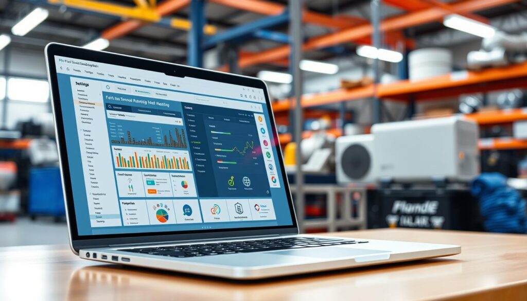An intricately detailed, photorealistic image of a professional field service management software application, presented on a sleek, modern laptop against a backdrop of a busy service workshop. The software interface should showcase various features such as job scheduling, work order management, inventory tracking, and technician dispatch, all rendered with a high level of clarity and precision. The overall composition should convey a sense of efficiency, organization, and productivity, aligning with the article's subject and section title.