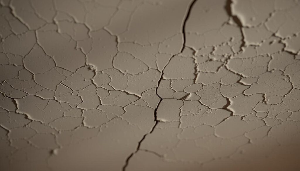Ceiling cracks, a subtle yet telling sign of structural changes. Delicate hairline fractures spider across the plaster, casting intricate patterns in the soft, ambient light. The surface texture is mottled, with peaks and valleys hinting at the building's history. Shadows accentuate the depth and nuance of each crack, creating a moody, almost cinematic atmosphere. A close-up perspective invites the viewer to study the details, to understand the underlying causes and determine whether these cracks are a benign byproduct of settling or a concerning sign of more serious issues. This image aims to capture the essence of ceiling cracks - their visual complexity, their ability to reveal insights about a structure's health, and the need for discerning observation.