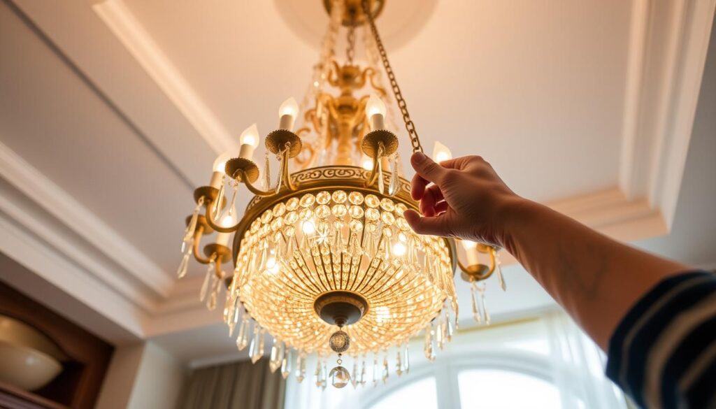 Chandelier height adjustment: a majestic chandelier hangs gracefully from the ceiling, its intricate metalwork and cascading crystal prisms casting a warm, ambient glow across the room. A person's hand reaches up, delicately adjusting the chain to find the perfect height, balancing form and function, ensuring the chandelier's illumination perfectly complements the space. The scene is bathed in soft, natural light, highlighting the chandelier's elegant details and the person's thoughtful movements, creating a harmonious, inviting atmosphere.