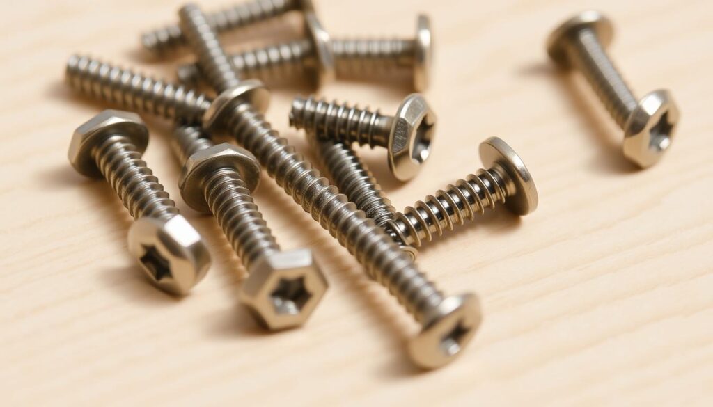 Close-up image of several metal wardrobe handle screws on a light wooden surface. The screws have a distinctive hexagonal head design and are in various stages of use, some new and shiny, others slightly worn. The screws are arranged in a neat, organized manner, conveying a sense of order and attention to detail. The lighting is soft and even, creating subtle shadows that add depth and dimension to the scene. The overall mood is one of precision and functionality, suitable for illustrating a guide on replacing wardrobe handle screws.
