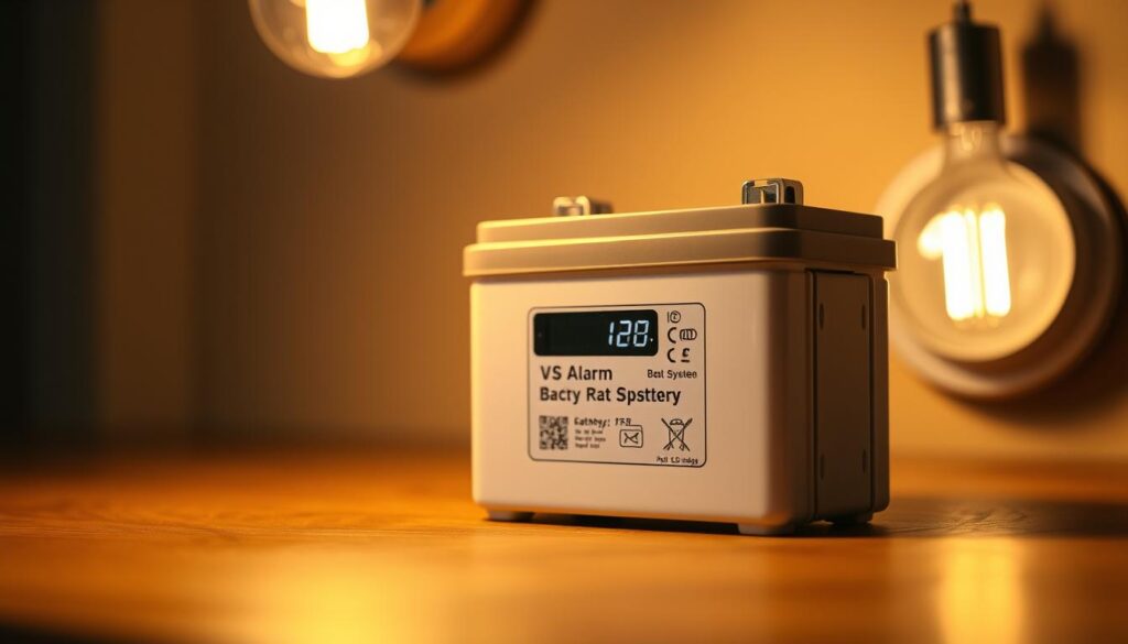 Close-up shot of an alarm system backup battery, illuminated by warm incandescent lighting from above. The battery is placed on a textured, wooden surface, casting soft shadows. The battery appears charged, with a digital display indicating its current voltage level. The background is slightly blurred, creating a sense of focus on the battery. The overall mood is one of subtle technicality and attention to detail, reflecting the importance of a properly functioning backup power source for home security systems.