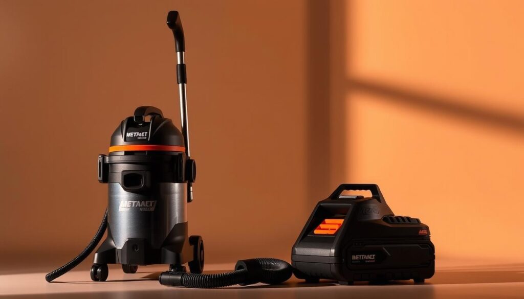 Corded and cordless wet-dry shop vacs, side by side, illuminated by warm, directional lighting. The corded model stands tall, its sturdy construction and powerful motor on display. The cordless variant rests nearby, its sleek, modern design hinting at its enhanced portability. The scene is set against a clean, minimalist background, allowing the two vacuums to take center stage and invite comparison. Shadows cast by the lighting create depth and dimension, giving the image a sense of balance and elegance. The overall tone is one of professionalism and technical prowess, showcasing the key features that differentiate these two power sources for the discerning DIY enthusiast.