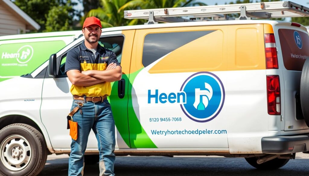 Create an image of a handyman in a branded van with a logo on the side, symbolizing a strong brand identity.