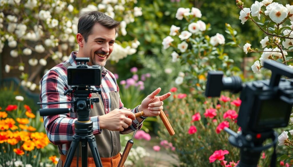 Create an image of a handyman recording a video tutorial in a garden during spring