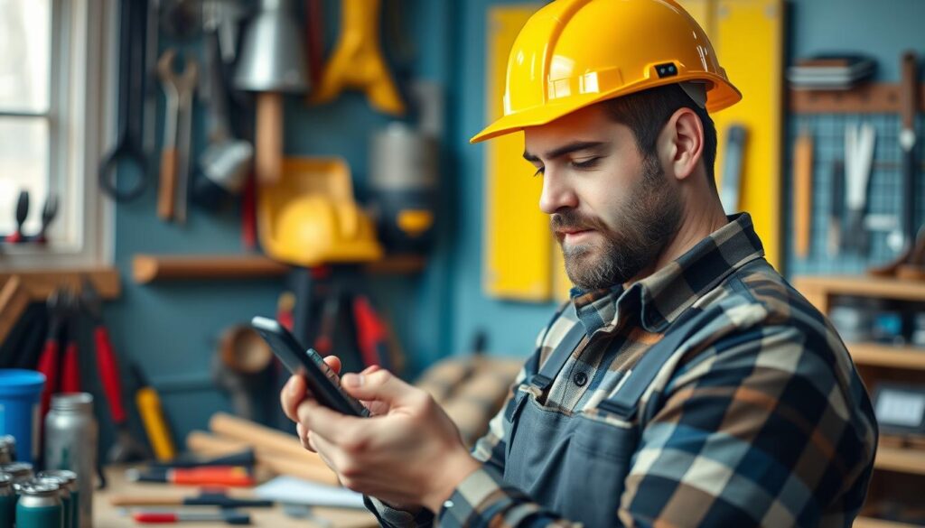 Create an image of a handyman using a smartphone to access social media