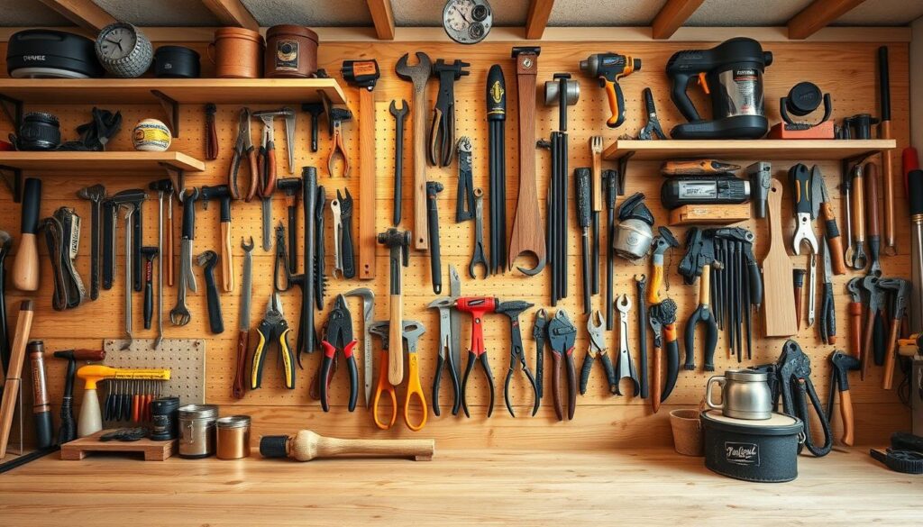Create an image of a well-organised workshop with a French cleat wall system and various tool holders.
