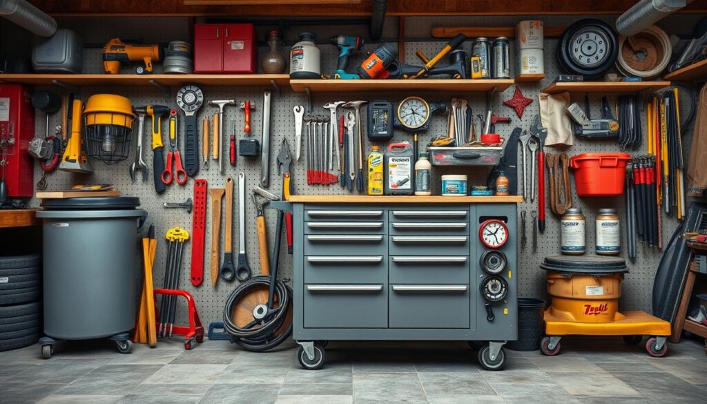 Create an image of a well-organised workshop with a mobile tool cart