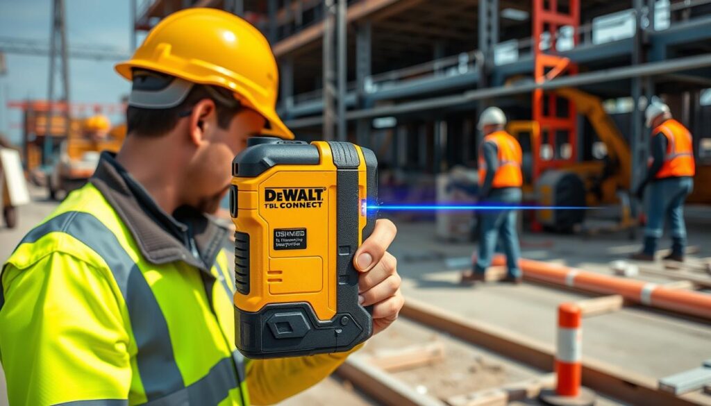 DeWalt Tool Connect Laser Distance Measurer being used on a construction site